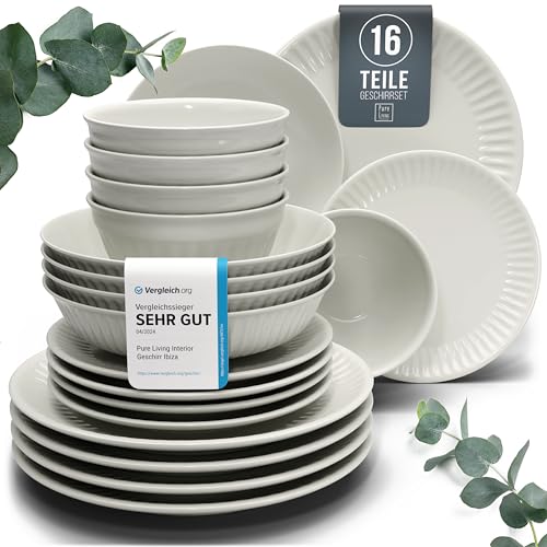 Elegantes 16-teiliges Geschirr Set Hygge Serie - Schüssel- und Teller Set – Hochwertiges Steingut Essgeschirr fur 4 Personen, Spülmaschinen- und Mikrowellengeeignet - Gerilltes Geschirr in Beige