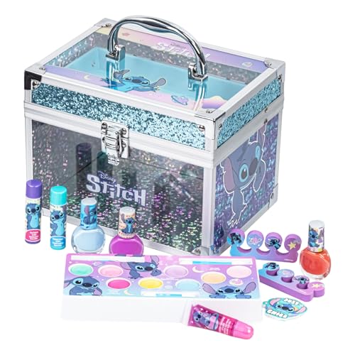 Stitch Train Case Beauty Set, Kinder Make-up-Set für Mädchen, echtes abwaschbares Make-up-Set, Spiel-Make-up, Partygeschenk, Geburtstag, Alter 3 4 5 6 7 8 9 10 11 12 von Townley Girl