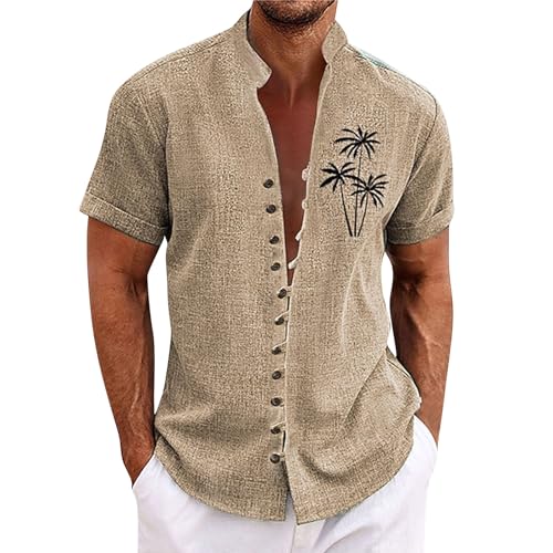 Herren-Unterhemden Weißes Hemd Herren Henley Shirt Herren Langarm Stehkragen Palm Druck Sommerhemd Kurzarm Knopfleiste Strandhemd Hemd Herren (Khaki XXL)