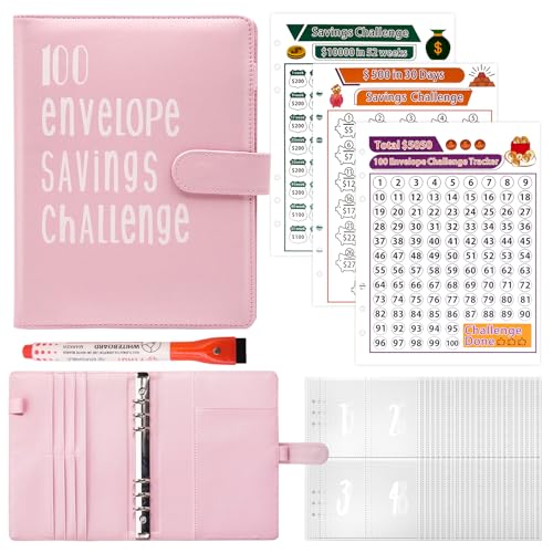 Fettwal 100 Envelope Saving Challenge, Sparbuch für Geld Challenge, A5 Geld Sparen Challengers Geldsparmappe, mit 3 Speicherkarten & Aquarellstift, Sparbuch für Haushaltsgeld Sparchallenge (Rosa)