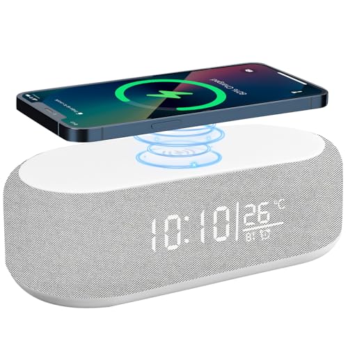 Yeelan Digitalwecker, Wecker Digital mit Licht, 15W Kabellose Aufladung für iPhone/Samsung, Alarm Clock Ohne Ticken, Bluetooth Speaker, 9 Farbiges Nachtlicht, Dimmbare Helligkeit, Temperatur Anzeigen