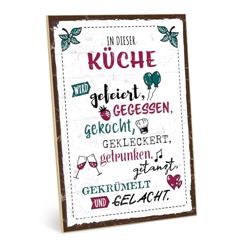 TypeStoff Holzschild mit Spruch - Küche - Vintage Schild als Geschenk und Dekoration zum Thema Familie, Freunde und Freude - HS-00932-X