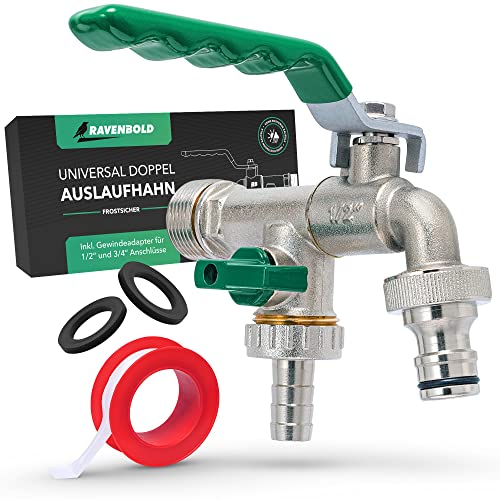 RAVENBOLD Universal Wasserhahn Garten 1/2 Zoll [+ 3/4 Zoll Adapter] - frostsicherer Doppel Garten Wasserhahn aussen - für Bewässerungssystem und Regentonne - Gartenwasserhahn mit Kugelauslaufventil