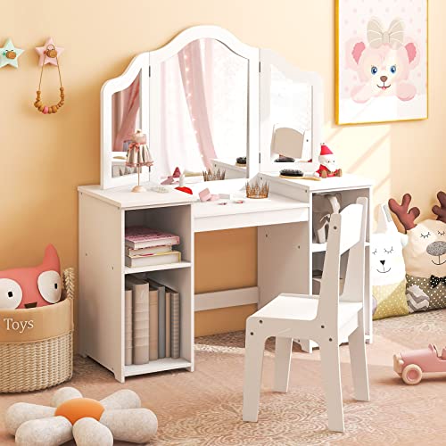 DREAMADE 2 in 1 Kinder Schminktisch mit Hocker und abnehmbarem Spiegel, Prinzessin Frisiertisch mit 4 offenen Ablageflächen, Kinderschminktisch, Kosmetiktisch für Kinder Mädchen (Weiß-mit Hocker)