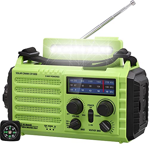 AM/FM/SW Baustellenradio Kurbelradio, Tragbares 5-Wege Wetter Solar Radio,Dynamo Handkurbel,Power Bank,LED Camping Licht,SOS-Alarm,Kompass,USB-Anschluss zum Aufladen des Mobiltelefons im Notfall