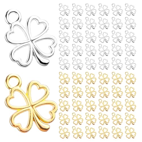 Cosswe Kleeblatt Anhänger, 60 Stück Glücksbringer Vierblättriges Kleeblatt Anhänger Metall Halsketten Zubehör DIY Basteln Schmuck Ornamente Autoschlüsselanhänger Glück Schlüsselanhänger