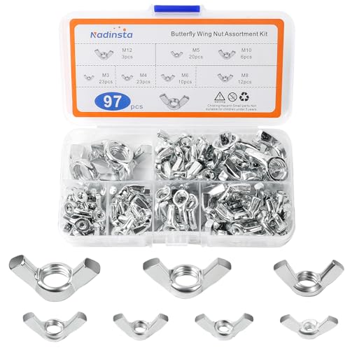 Nadinsta 97 Stück Flügelmuttern Assortiment Kit, Schmetterlingsmuttern Flügelmuttern Wing Nut Kits M3/M4/M5/M6/M8/M10/M12, Schmetterling Muttern Für Heimwerker Diy Tools Elektronische Geräte Hardware