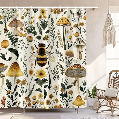 Rustikaler Boho-Pilz-Duschvorhang, Vintage-Chic, Biene, Pilz, botanisches Blumenmuster, Bauernhaus, Cottagecore, ästhetisches Duschvorhang-Set mit Haken, Feen-Hexenpflanze, Duschvorhang für Badezimmer
