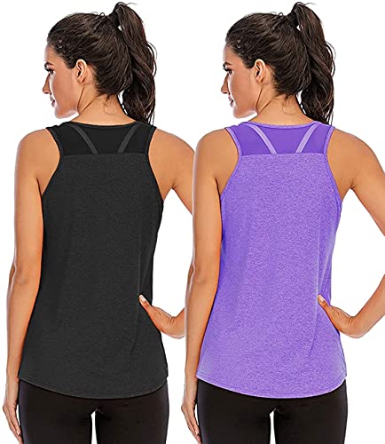 Nekosi Damen Sporttop Yoga Tank Top Oberteil Laufen Fitness Ärmelloses Mesh Zurück Funktions Shirt Schwarz Lila M, 2er Pack