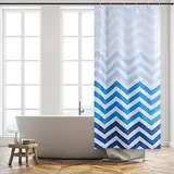 Furlinic Schmaler Duschvorhang für Eck Dusche und Kleine Badewanne Badvorhang aus Stoff Schimmelresistent Wasserdicht Waschbar Chevron Weiß Blau 80x180 mit 6 Duschringen.