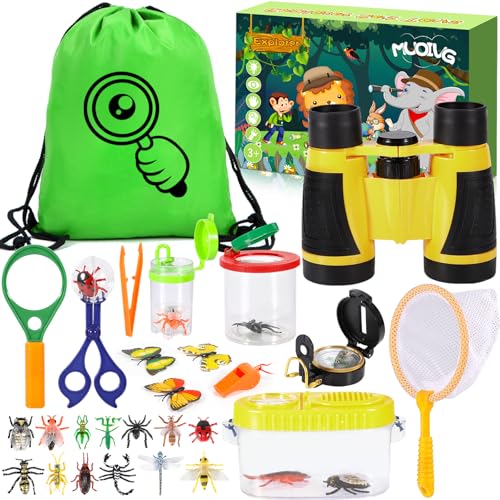 MUOIVG Forscherset für Kinder, Fernglas für Kinder 23-teiliges Entdecker Set mit Insektenfänger, Kompass, Becherlupe und mehr, Outdoor Spielzeug Kinder für Camping, Naturerkundungen und Abenteuer
