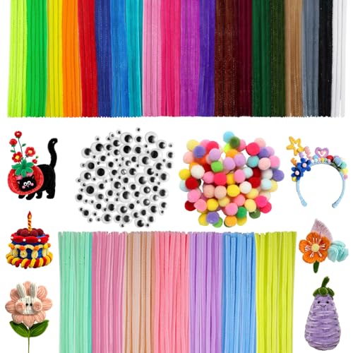 400 Stück Pfeifenputzer zum Basteln, 27Farben 200 Chenilledraht, 100 Chenilledraht Pompons und 100 Wackelaugen Selbstklebend, Pfeifenputzer Bunt zum Basteln für Kreative DIY