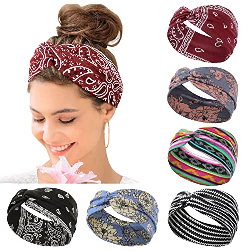 Haarbänder Damen Breite Elastische Weiche 6 Pcs Kavya Sommer Boho Stirnband Damen Print Haarschmuck Yoga Haarband Mehrfarbig Dünn Stirnbänder Haarschmuck Damen (E)