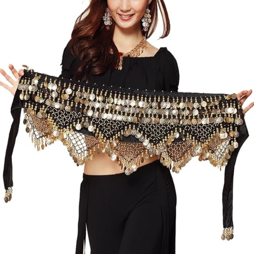 Wuchieal Damen Profi Zumba Rock Bauchtanz Hüfttuch mit Münzen Gürtel Röcke (Schwarz, OneSize)
