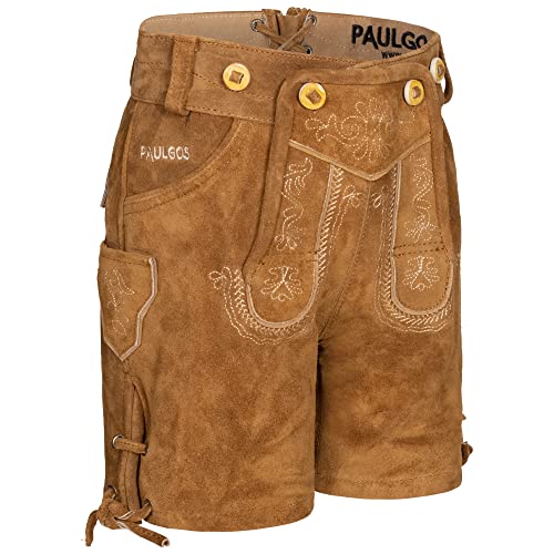 PAULGOS Kinder Trachten Lederhose KK1 + Träger, Echtes Leder, Gr. 134-140, Hellbraun