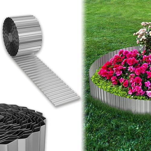 UISEBRT Cortenstahl Rasenkante, Verzinktes Beetbegrenzung aus Metall Einfach zu Montieren, 15cm Hoch Flexibel Rasenkanten, Wurzelsperre Blumenbeet oder als Mähkante Länge Anpassbar(10M, Silber)