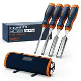 Presch Stechbeitel Set Holz 4tlg inkl. Tasche - Scharfes Stecheisen Set (6,12,18,24mm) - Profi Beitel Satz mit 25° Keilwinkel inkl. robuster Metall-Schlagkappe - Fertig geschliffen und abgezogen