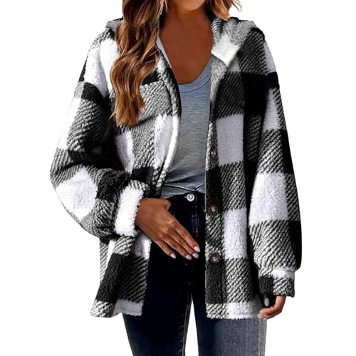 EMATOP Teddy Fleece Mantel Damen Karierte Kapuzenjacke Flauschig Warm Winterjacke Lose Sport Plüschjacke Langarm Elegant Sweatshirt Jacke mit Kapuze Sportjacke Hemdjacke black friday deals