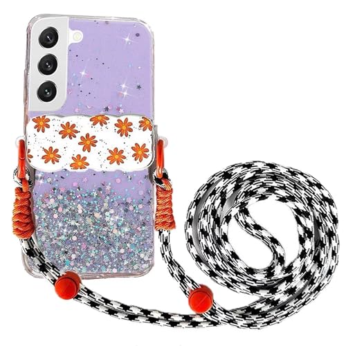 Rnrieyta Miagon Handykette Hüll für Samsung Galaxy S22 Plus Glitzer Durchsichtig Case mit Universal Blume Telefon Clip Kordel zum Umhängen Handyanhänger Halsband Lanyard