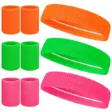 taonganui 9 Stück 80s Sportstirnband mit Armband Schweißband Set Neon 3 Farben Vintage Mottoparty Sport Schweißbänder Baumwolle Saugfähige für 80er Jahre Thema Party Fasching & Karneval