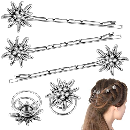 Xinnun 5 Stück Traditionelles Strass Edelweiß Haarschmuck Elegante Trachtenschmuck Damen Wellenform Haarspange Federklemmen für Bayerisch Bierfest Dirndlschmuck Trachten Dirndl Accessoires