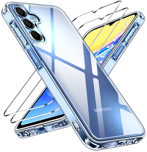 ivoler Nie Vergilbung Klar Hülle für Samsung Galaxy A15 4G / A15 5G, 1 Handyhülle mit 2 Stück Panzer Schutz Glas, [Militärischer Schutz] Stoßfest Transparent Schutzhülle Dünn Durchsichtige Case