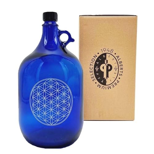 SELECTION ·1948 · ALBERTS · PREMIUM ALBERT PFÄFFLE Glasballon blau 5 Liter, Henkelflasche aus Blauglas mit Veredelung Blume des Lebens (VPE 1 Stück)