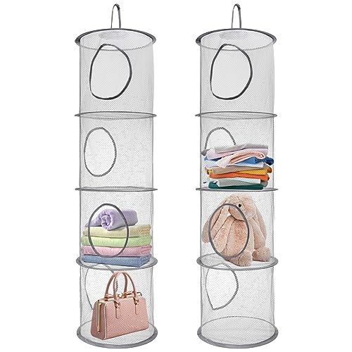 2 Stück Set Hängeregal Mesh Hängende Netz-Aufbewahrungstasche, 4 Stufe Faltbare Hängeaufbewahrung Organizer, Hängender Speicherkorb Kinder, Kuscheltiere Hängeregal für Kleine Kleidung(Grau)