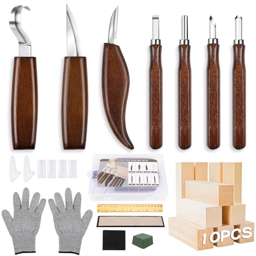 HOMCA Holz Schnitzwerkzeug Set, 23 in 1 Schnitzset mit 7 Schnitzmesser für Kinder&Erwachsene, Holzwerkzeug für Anfänger/Profis Schnitzen mit Schnittfeste Handschuhe und Schleifsteine - Dunkelbraun