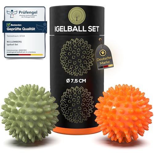 M.S.Lemberg® Igelball Massage Set - Massageball für Reflexzonen, Anti-Stress, Entspannung Geschenk - Noppenball Fußmassage Rücken Nacken Hand Fuß - Ball mit Noppen klein - hart & mittel-weich