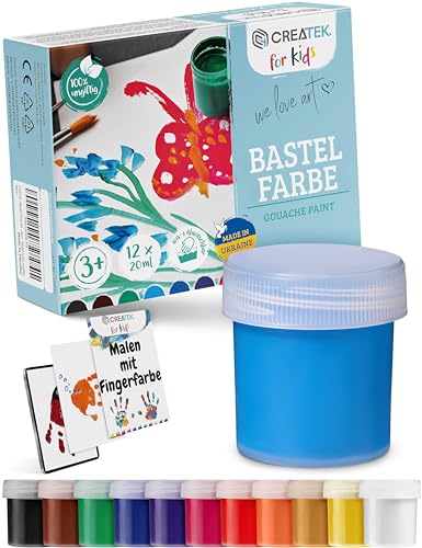 CreaTek Bastelfarben für Kinder [ perfekt für Kiga, Schule & Hobby ] 12x20ml leuchtende Malfarben Kinder 3 Jahre - 100% sicher, vegan, geruchlos & auswaschbar - Plakatfarben Kinder, Malfarben Schule