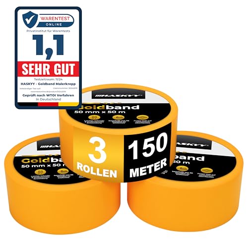 HASKYY Goldband Malerkrepp Kreppband 3x Malerband 50mm x 50m Profi Abdeckband Malertape Klebeband Washi Tape Gold Papiertape Selbstklebend