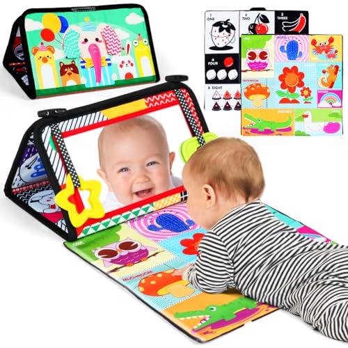 Aolso Baby Spiegel Spielzeug mit Knisterbuch Entwickelt, Baby Spielzeug 0-12 Monate, Faltbarer Baby Spiegel Spielzeug, Schwarz und weißWahrnehmungs-Lernspielzeug für Neugeborenes,Geschenke für Babys