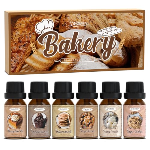 SALUBRITO Bäckerei Ätherische Öle Set für Diffuser, Naturrein Aromatherapie Duftöl für Diffusor 6 x 10ml, Kürbiskuchen, Schokoladen-Cupcake, Snickerdoodle, Lebkuchen, Cremige Vanille, Zuckerplätzchen