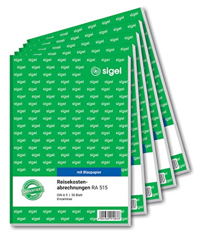 SIGEL RA515/5 Reisekostenabrechnung für Einzelreisen, A5, 50 Blatt, 5er Pack