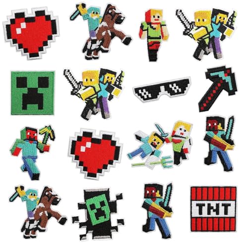 LUMOOM 16 Stück Bügelbilder Kinder Set, Videospiel Spiel Flicken zum Aufbügeln, Gestickte Bügelflicken Motive, Aufnäher für Kleidung, für Textilien - Kleidung, Jeans, Taschen, Dekoration