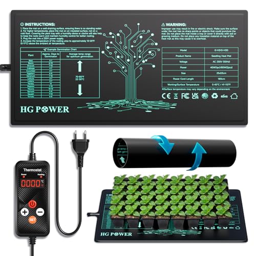 HG Power Heizmatte mit Thermostat - Heizmatte Pflanzen Wärmematte für Zimmergewächshaus, Gewächshaus Heizmatte mit Temperaturregler für Growzelt Growbox Grow Zubehör Terrarium 53 cm x 25 cm, 55Watt