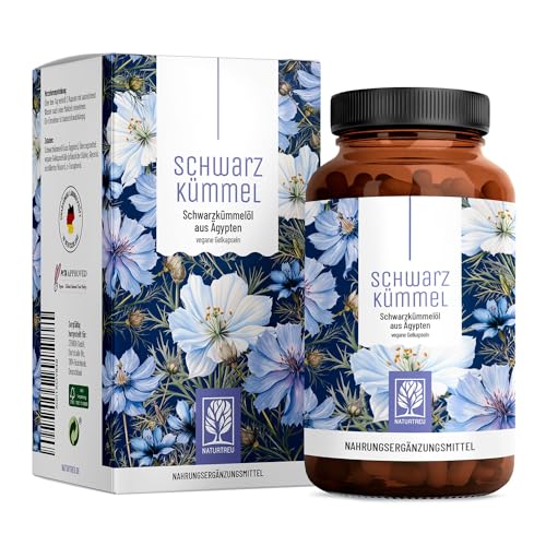 NATURTREU® Schwarzkümmelöl Kapseln hochdosiert mit Vitamin E - 1000mg pro Tag - Schwarzkümmel Öl kaltgepresst aus Ägypten - 120 vegane Gelkapseln ägyptisches Schwarzkümmelöl (Black Seed Oil)