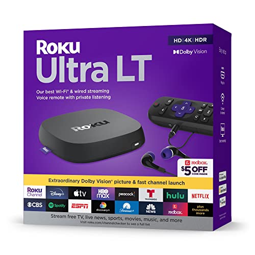 Roku Ultra LT (2023) HD/4K/HDR Dolby Vision Quad-Core Streaming-Player mit HDMI-Kabel, Kopfhörer, Sprachfernbedienung mit privatem Hören, Ethernet