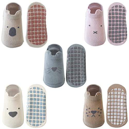 Exemaba Baby Rutschfeste Socken 5 Paar Tiermotive Kleinkinder Antirutschsocken Krabbelsocken für Mädchen(Style C,M/1-3 Jahre)