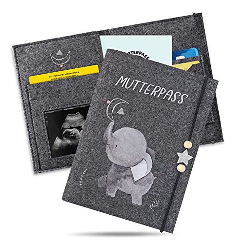 Mutterpasshülle aus Filz,Boho-Stil Elefant Passend für den deutschen Mutterpass, mit Fächer für Ultraschallbild, Versichertenkarte, Impfpass etc.