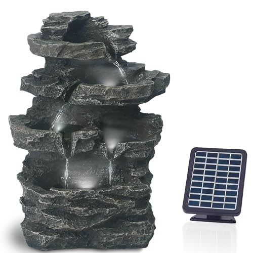 Gartenbrunnen Solar für Outdoor mit Beleuchtung LED – Echter Wasserfall Felsenbrunnen Vintage Garten Brunnen Groß für Außen Gartendeko - Gartenteich Deko Vogelbad - Outdoor (Victoria Fall - Grün)