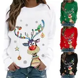 Weihnachtspullover Damen Lustige Weihnachtsoutfit Langarmshirt Prime Weihnachtsshirt Christmas Sweatshirt Weihnachts Pyjama Pullover Xmas Weihnachten Bluse Sale Angebote Weiß L