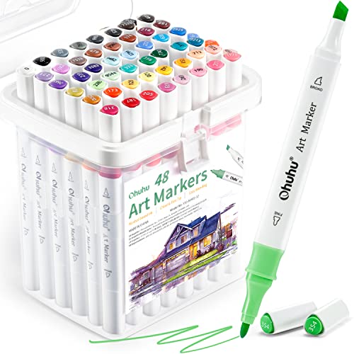 Ohuhu Alkohol Marker, 48 Farben Art Marker Set für Landschaft Architektur Design - Meißel & Fine Double Tipped Zeichnung Marker für Künstler Studenten Kunst Klasse Färbung