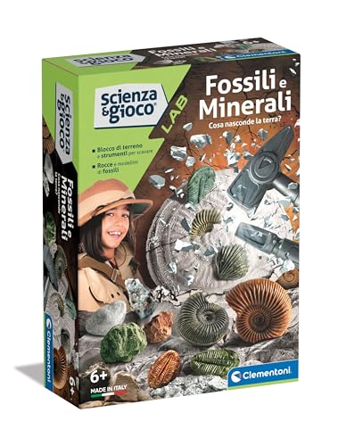 Clementoni - Scienza Lab Minerali-Kit Fossilien zum Graben, Felsen, Wissenschaftsspiel 6 Jahre, Paläontologie für Kinder, Mineralogie, Labor in Italien, Made in Italy, Mehrfarbig, 19371