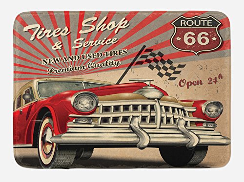 Ambesonne Automatte, Reifenladen und Service-Route 66 Emblem Werbung Retro-Stil Druck Plüsch Badezimmer Dekor Matte mit rutschfester Unterseite, 74,9 x 44,5 cm, Sepia Grey