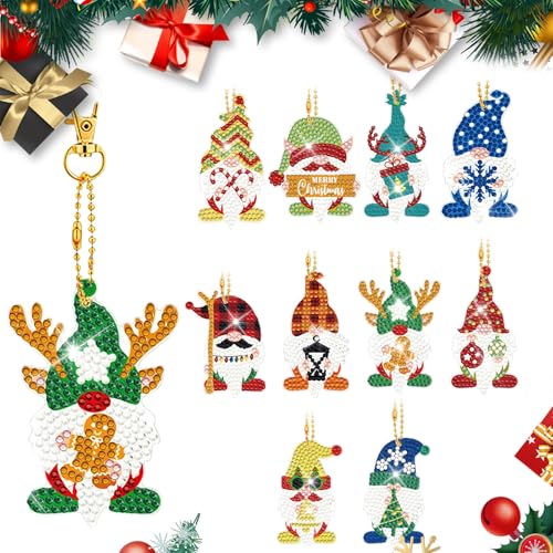 SULOLI 5D Diamond Painting Weihnachten,10 Stück Double-Sided Zwerge Bohranhänger für DIY Kit Schlüsselanhänger Weihnachtsbaum Deko