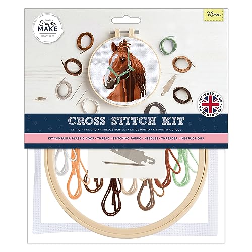 Simply MAKE Kreuzstich-Set – Pferde-Design für Kinder und Erwachsene, einschließlich Reifen, Stickgarn, Stoff und Nadel, perfekt für Erwachsenen-Bastelarbeiten und Anfänger, pferd