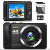 4K 64MP Digitalkamera mit 32 GB Speicherkarte Autofokus-Kompaktkamera mit 16-fachem Digitalzoom, wiederaufladbare 2 1200mAh Batterien 2,4-Zoll-Mini-Kinderkamera für Anfänger