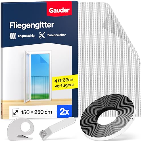 GAUDER Fliegengitter für bodentiefe Fenster (2 Stück | 150 x 250 cm | schwarz) aus Polyester | Insektenschutz und Fliegennetz ohne Bohren | Mückennetz | Fliegengitter Fenster & Tür